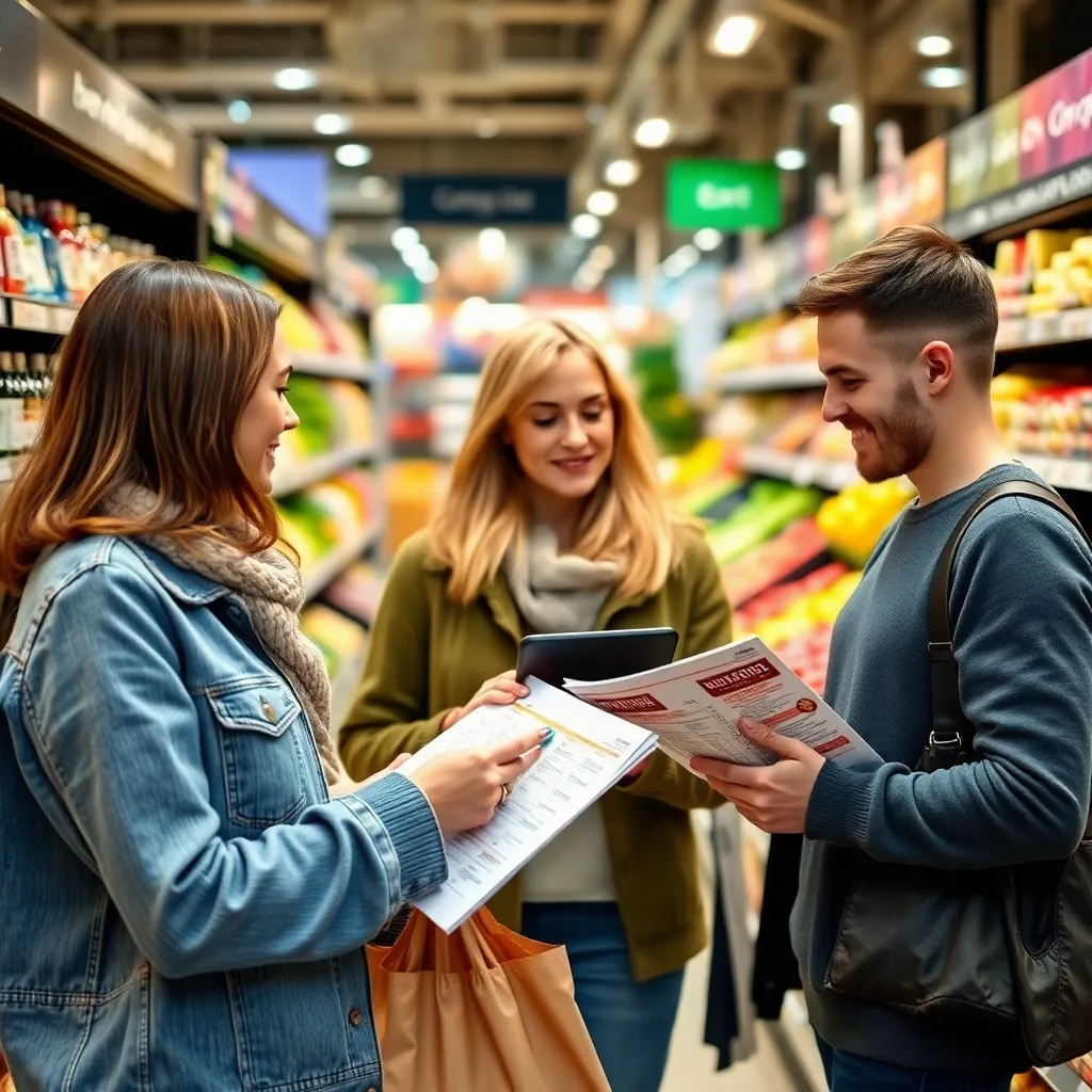 Belgische familie die boodschappen doet met boodschappenlijst en kortingsbonnen