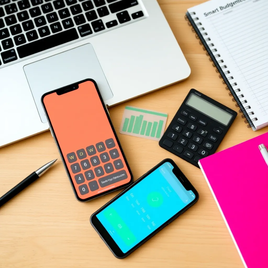 Verschillende budgetteringstools zoals laptop, smartphone en rekenmachine