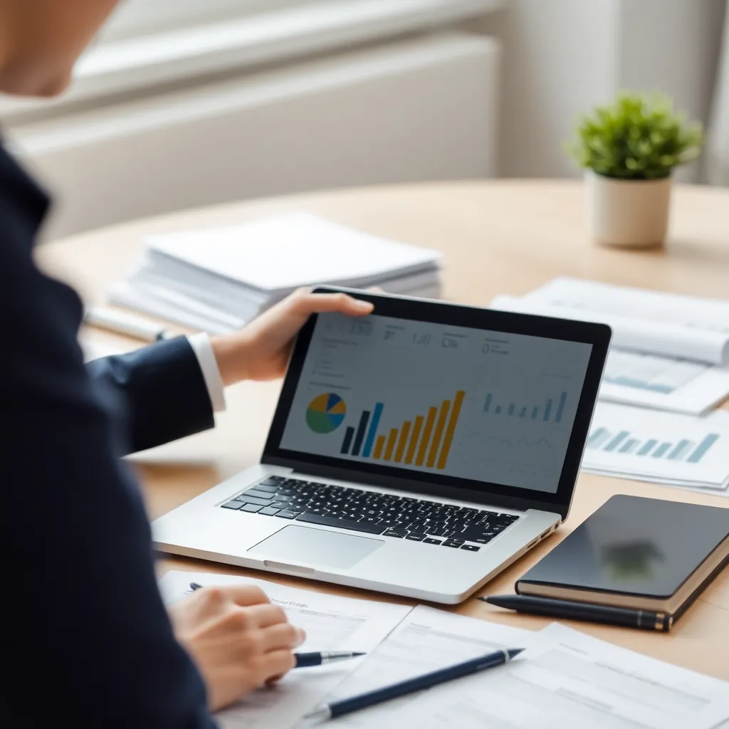 Persoon die aan een budgetplan werkt op laptop met financiële documenten